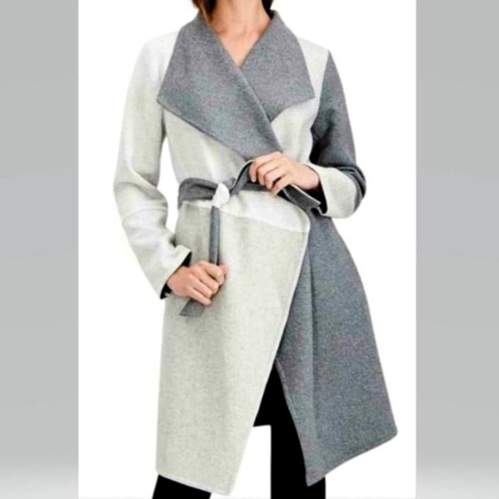NWT $179 Alfani Gray Colorblock Wool-Blend Wrap Coat, Sz PL/PXL